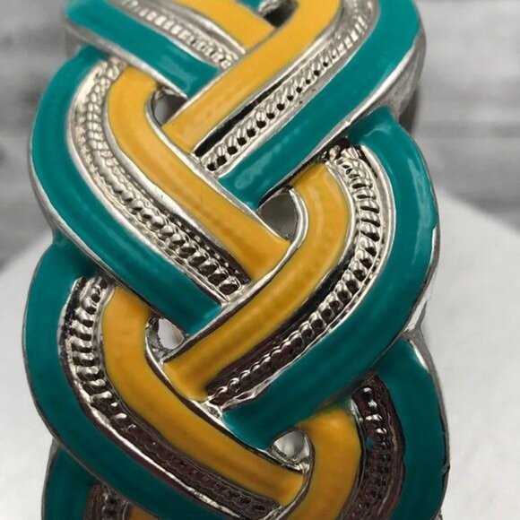 Bracelet Braided Yellow and Green Enameled Silver-tone Metal Wide Hinged - Picture 2 of 5